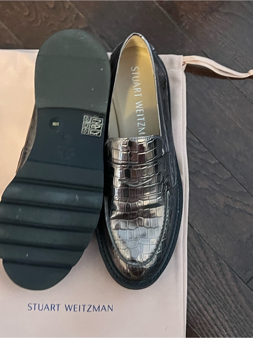 Stuart Weitzman Black Croc-Embossed Penny Loafers